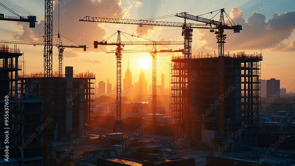 Silhouetted Construction Cranes at Sunset