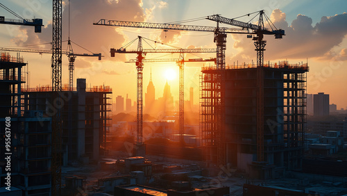Obraz na płótnie Silhouetted Construction Cranes at Sunset w salonie
