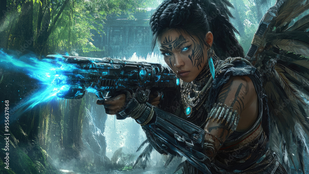 Warrior woman with tribal face paint and glowing weapon Warrior woman with tribal face paint and glowing weapon