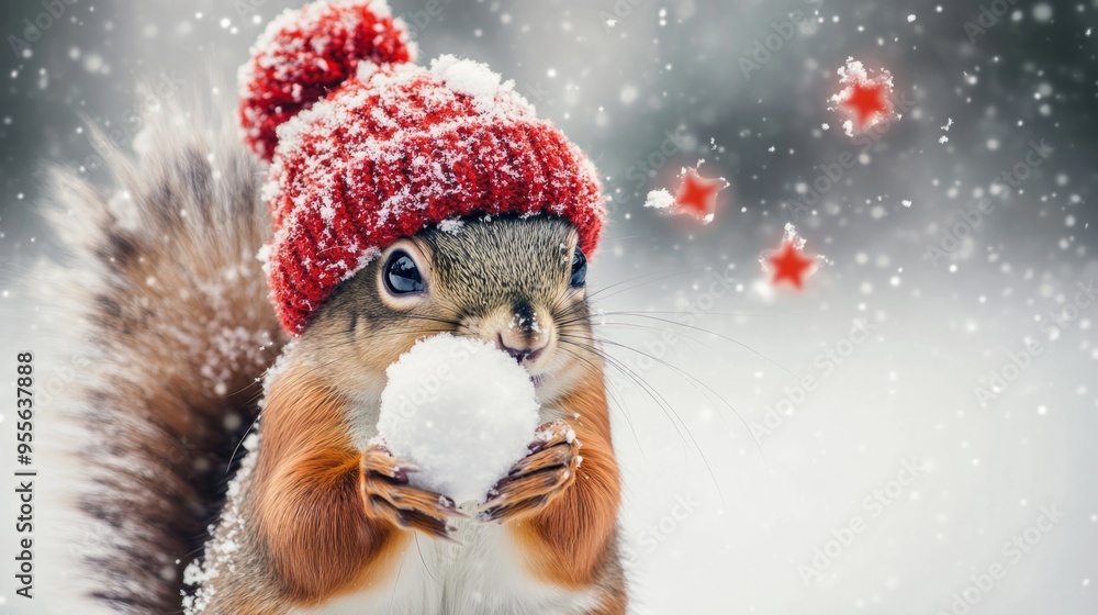 An adorable squirrel with a red hat on his head is holding a snowball, suitable for winter and holiday themes with space for text. An adorable squirrel with a red hat on his head is holding a snowball, suitable for winter and holiday themes with space for text.