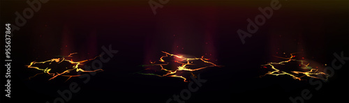 Dark background with lava cracks in the ground. Glow of fire or magma inside. Set of fire lines