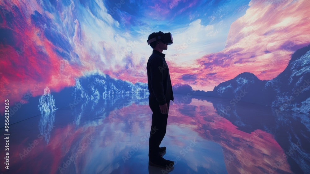 Fototapeta premium Man experiencing virtual reality in immersive environment