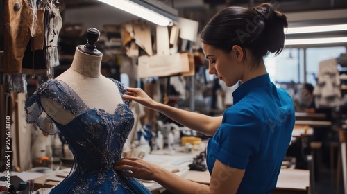 Fashion designer working on dress in studio 