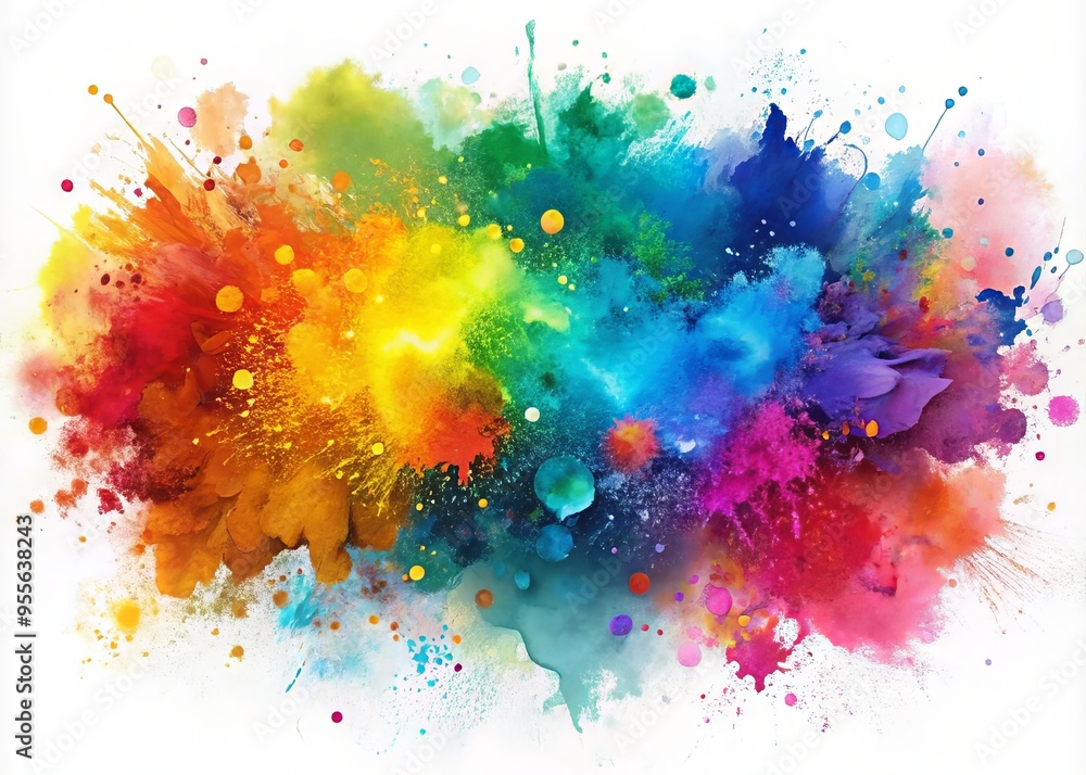 Fototapeta premium Vibrant watercolor-inspired digital brush strokes and splatters overlap on a white background, creating a unique