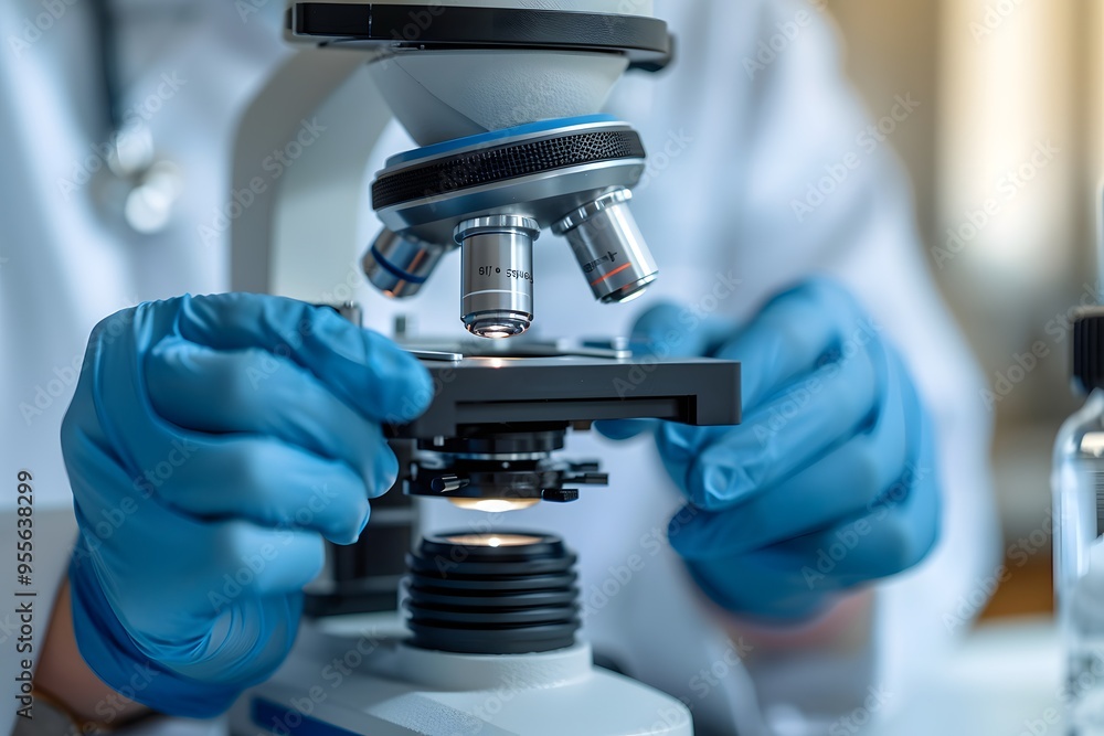 Close-Up of a Scientist Adjusting a Microscope for Research Close-Up of a Scientist Adjusting a Microscope for Research