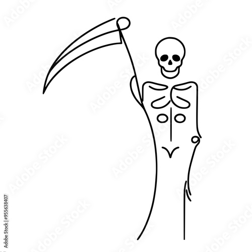 A minimalistic linear vector drawing of a skeleton with a scythe, symbolizing death, depicted in a simplistic and abstract style, with minimal details