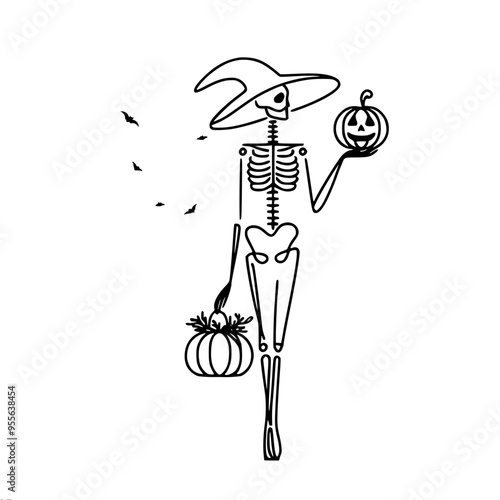 Minimalistic linear vector drawing of a skeleton in a wide-brimmed hat holding a jack-o'-lantern, with two pumpkins at his feet and birds on the background