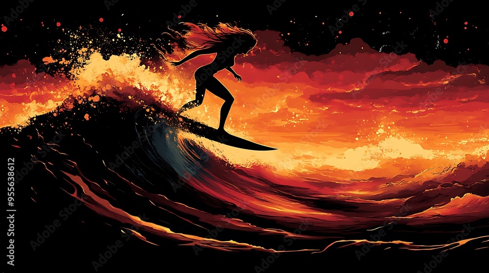 Silhouette of a woman surfing a fiery wave against a sunset sky. Silhouette of a woman surfing a fiery wave against a sunset sky.