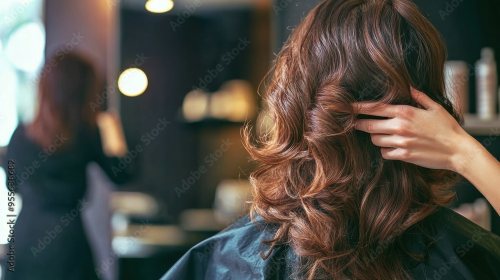 Fototapeta premium Stylist adjusting woman's wavy hair in salon 