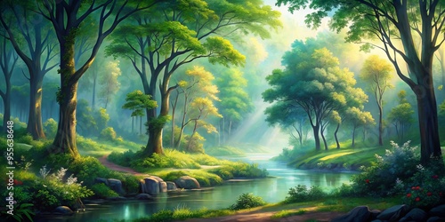 Vibrant watercolor painting depicts a serene forest scene with lush green trees, delicate leaves, and a misty