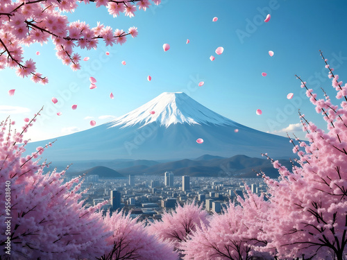 Fuji mountain with sakura cherry petals flying 