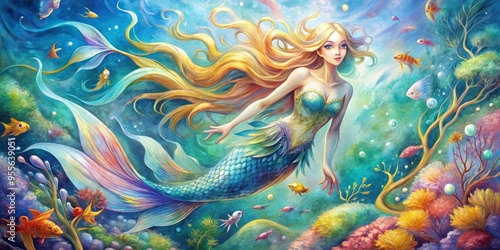 Vibrant watercolor painting of a mythical mermaid with shimmering scales, flowing locks, and oceanic surroundings, photo