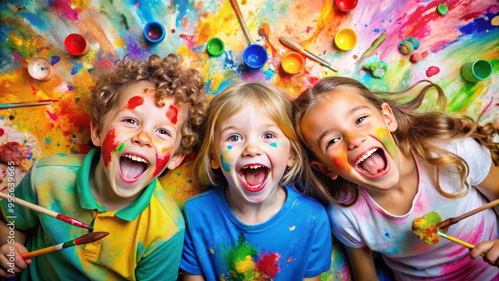 Vibrant watercolor painting of smiling children surrounded by colorful brushes, paint-splattered palettes, and creative Vibrant watercolor painting of smiling children surrounded by colorful brushes, paint-splattered palettes, and creative