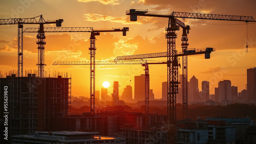Silhouetted Construction Cranes at Sunset
