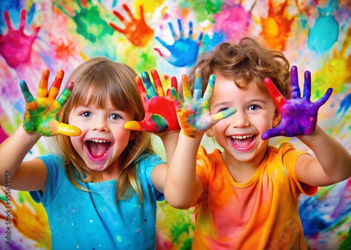 Vibrant Watercolor Paints Explode In Messy, Colorful Creativity As Children'S Hands Create Whimsical Masterpieces On photo