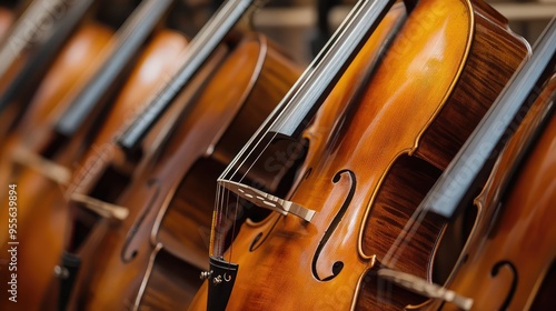 Close-up of a Row of Polished Cellos with Strings and Bridge Detail