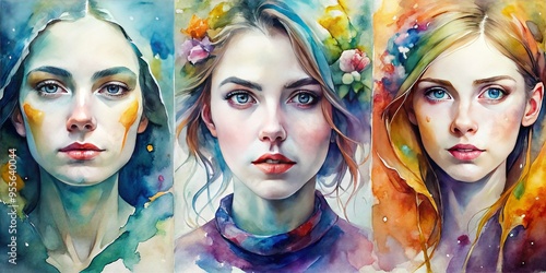 Vibrant watercolor portraits of anonymous figures, softly blended with delicate strokes, evoking emotions and telling photo