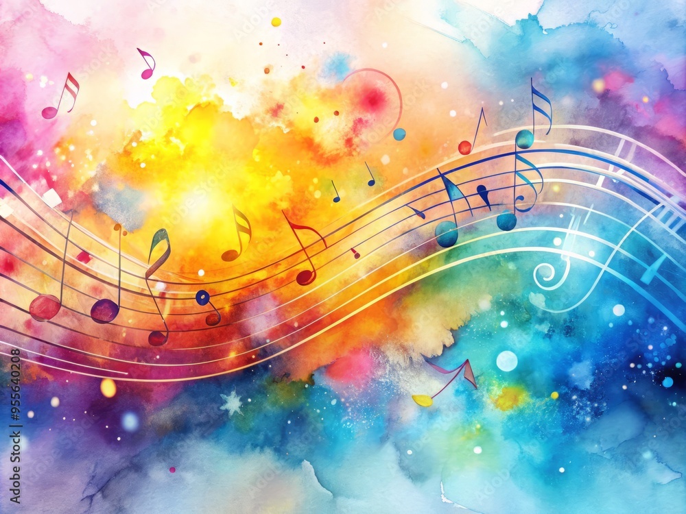 Obraz premium Vibrant watercolor splashes blend with swirling musical notes, creating a dreamy, ethereal atmosphere that captures the