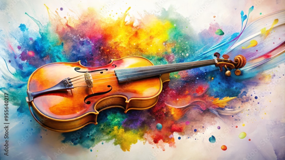 Fototapeta premium Vibrant watercolor splashes dance around an elegant violin, its curves and strings blurred in a whimsical, dreamy