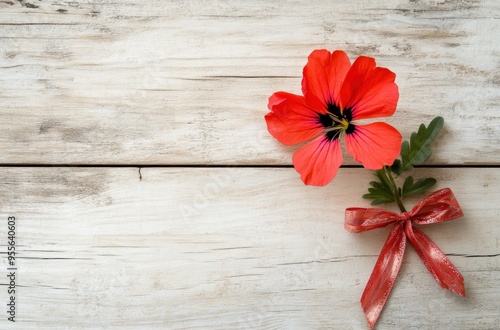 Red Flower on Wooden Background