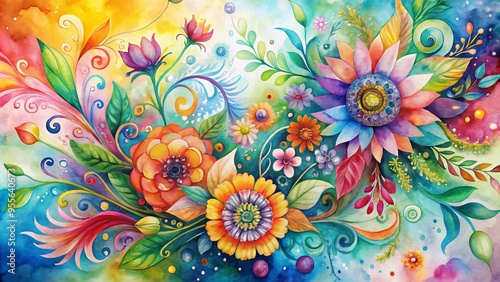 Vibrant, whimsical watercolor artwork featuring abstract blooms, swirling patterns, and delicate brushstrokes in a