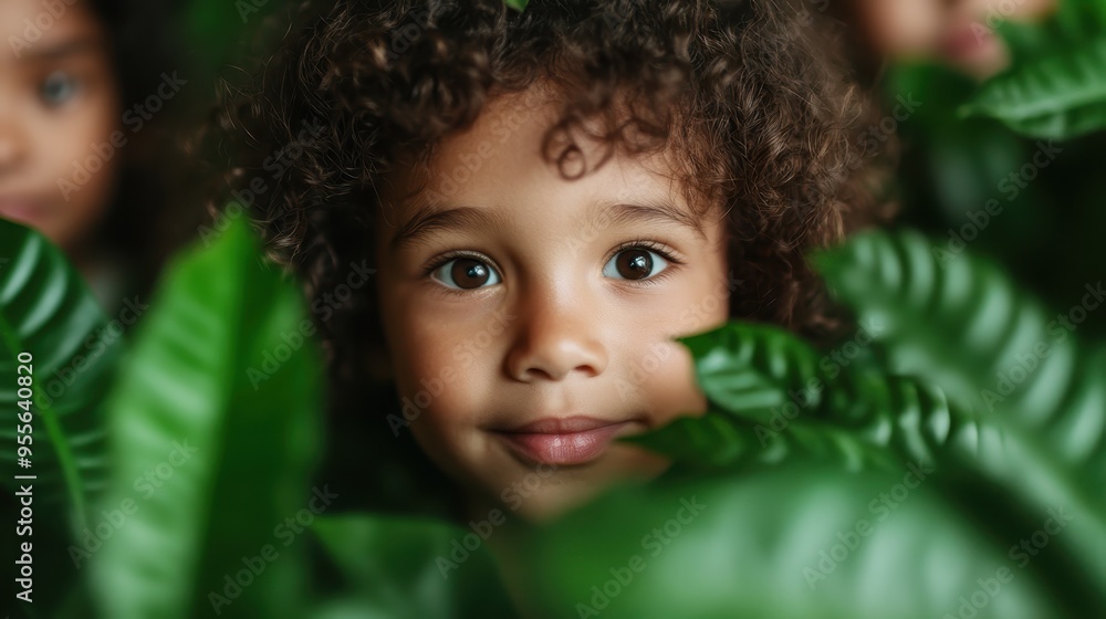 A child with curly hair gazes warmly at the camera, nestled among leafy plants, suggesting innocence and a connection to nature in a vibrant, lush setting. A child with curly hair gazes warmly at the camera, nestled among leafy plants, suggesting innocence and a connection to nature in a vibrant, lush setting.