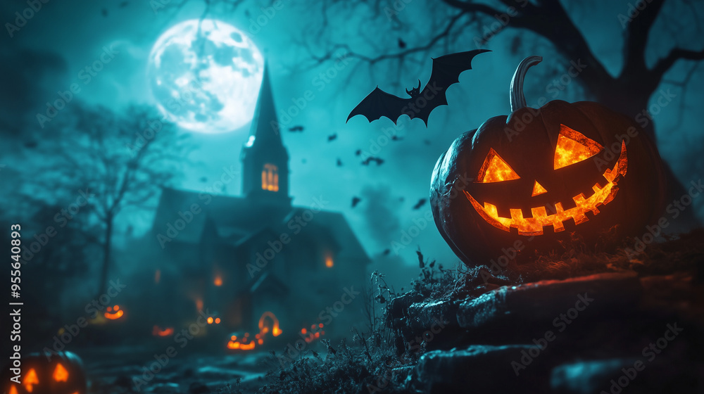 Dyniowy zombie wydobywający się z cmentarza, z ciemnym kościołem w tle. Noc jest pełna grozy z pełnią księżyca i nietoperzami na drzewach, tworząc idealne tło na wydarzenie halloweenowe.