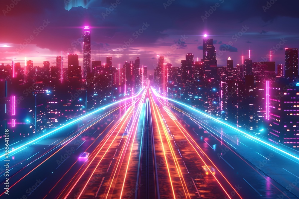 Futuristic Cityscape with Neon Lights and Dynamic Roadway Futuristic Cityscape with Neon Lights and Dynamic Roadway