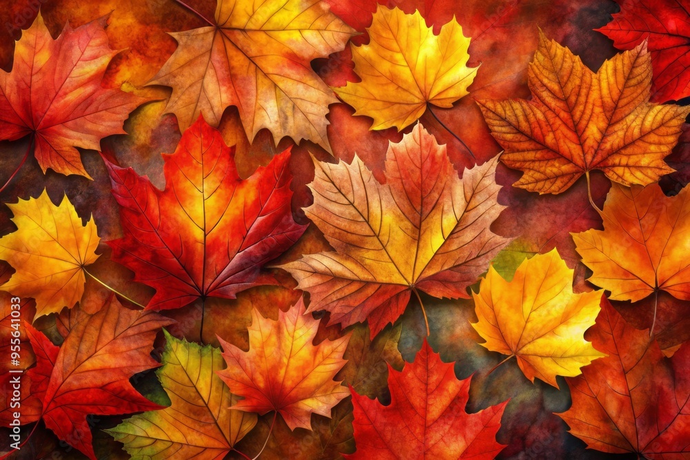 Watercolor-Style Autumn Leaves In Vibrant Shades Of Red, Orange, Yellow, And Brown Create A Painterly And Atmospheric Watercolor-Style Autumn Leaves In Vibrant Shades Of Red, Orange, Yellow, And Brown Create A Painterly And Atmospheric
