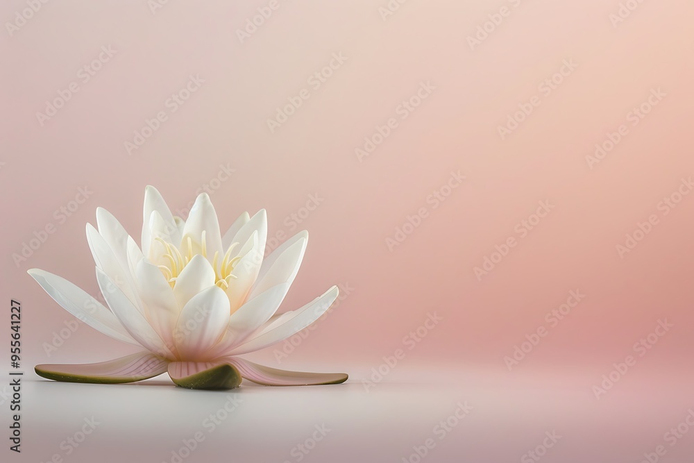 A single, delicate water lily floating against a soft pink gradient background. The minimalist composition emphasizes the water lily's beauty and serenity. A single, delicate water lily floating against a soft pink gradient background. The minimalist composition emphasizes the water lily's beauty and serenity.
