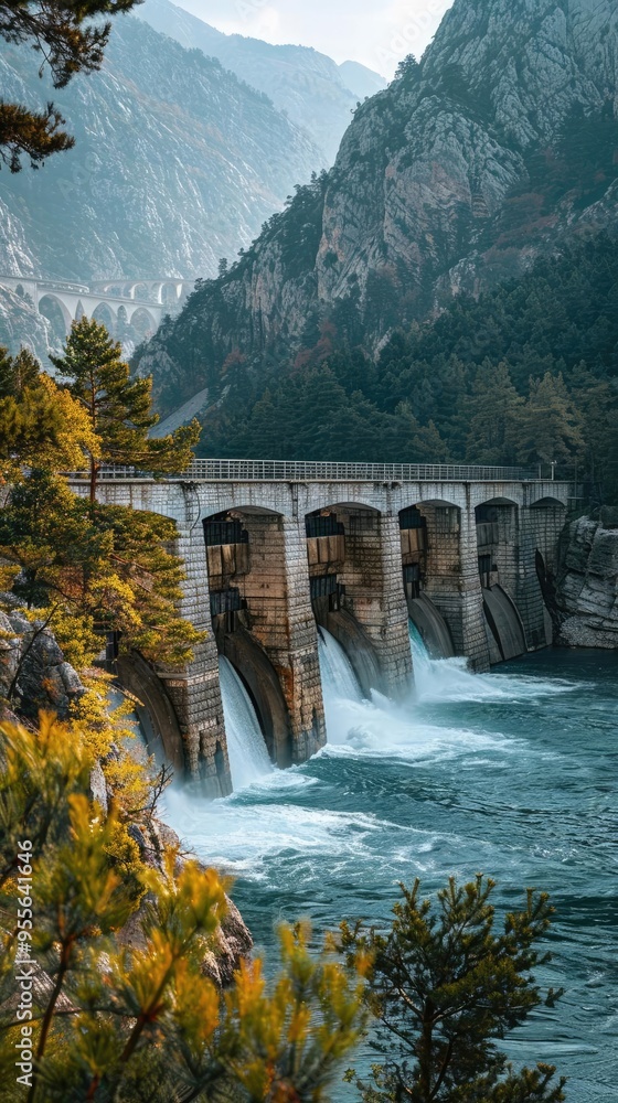 A concrete dam in a valley between mountains with autumn trees on the banks of the river A concrete dam in a valley between mountains with autumn trees on the banks of the river
