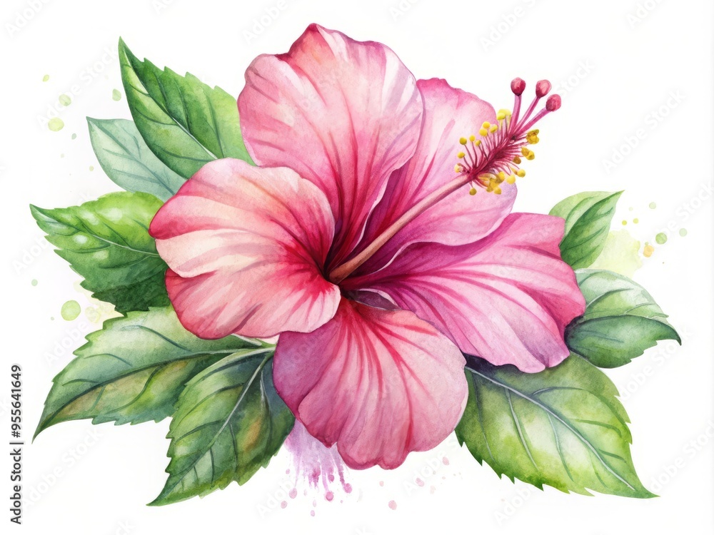 Obraz premium Whimsical watercolor illustration of a vibrant pink hibiscus flower with delicate petals and leafy stem, set against a