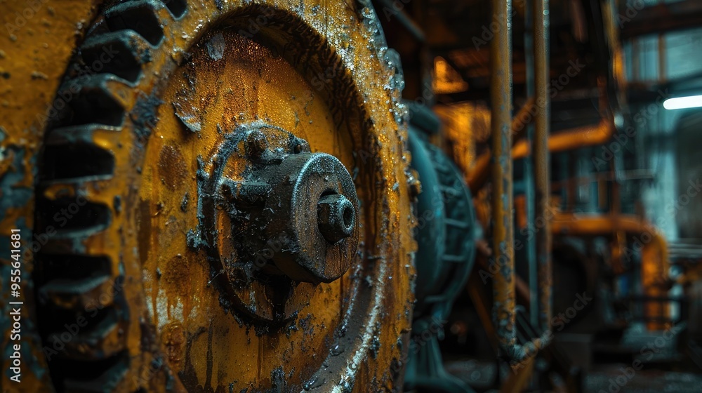 Closeup of a Rusty Yellow Industrial Gear in a Factory Setting Closeup of a Rusty Yellow Industrial Gear in a Factory Setting