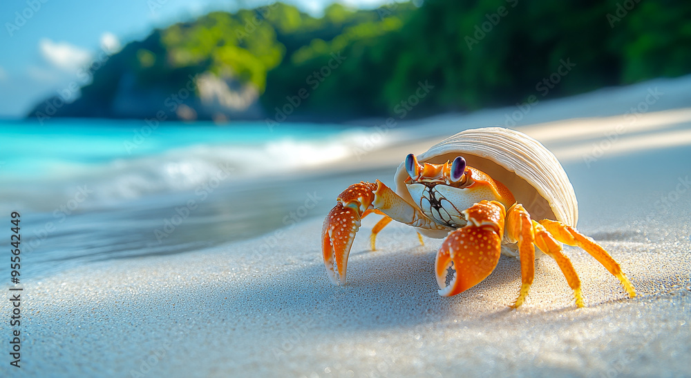 A crab is on the beach, looking out at the ocean. The crab is orange and white, and it is curious about its surroundings. The beach is calm and peaceful, with the ocean in the background A crab is on the beach, looking out at the ocean. The crab is orange and white, and it is curious about its surroundings. The beach is calm and peaceful, with the ocean in the background