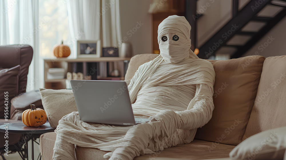 Halloween concept. Man in mummy costume using laptop while sitting on sofa at home Halloween concept. Man in mummy costume using laptop while sitting on sofa at home