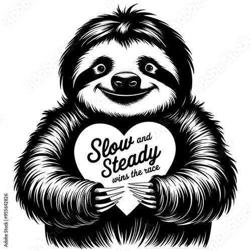 cute sloth cartoon, smiling sloth vector, furry sloth design, black and white sloth, sloth with heart shape, adorable sloth art, huggable sloth illustration, relaxed sloth pose, laying down sloth