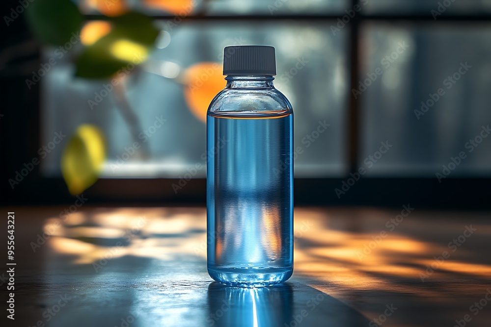 A solitary bottle of contact lens solution bathed in soft, diffused light. A solitary bottle of contact lens solution bathed in soft, diffused light.