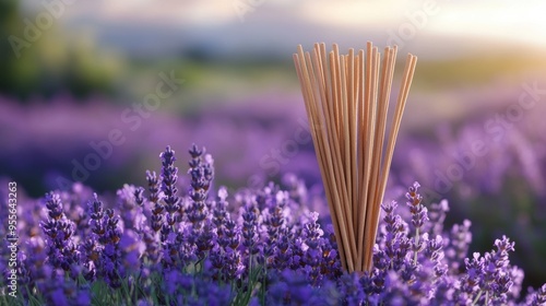 promote calmness and well-being with a banner featuring lavender incense sticks and a lavender field, showcasing the therapeutic benefits of aromatherapy photo