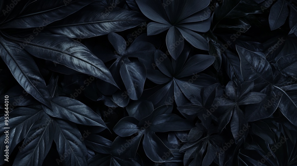 A close up of a leafy plant with dark blue leaves. The image has a moody and mysterious feel to it A close up of a leafy plant with dark blue leaves. The image has a moody and mysterious feel to it