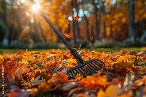 Engaging in autumn gardening by raking and collecting colorful fallen leaves in a beautiful park