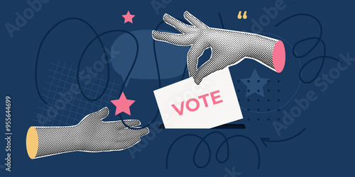 A hand places a ballot paper into a ballot box. Vote concept. Vector illustration. Trendy Halftone Collage.