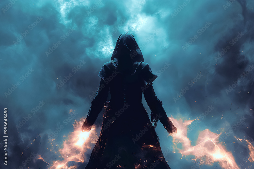 Obraz premium A cloaked figure stands in an eerie atmosphere, hands ignited with a fiery glow. Dark clouds swirl above as the Halloween spirit envelops the scene in mystery