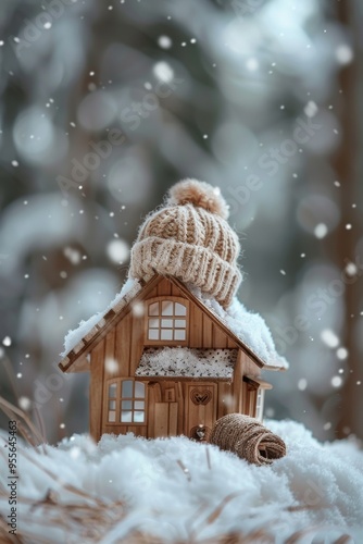 Model house in winter adorned with a knitted cap, symbolizing warmth amidst cold snowy weather photo