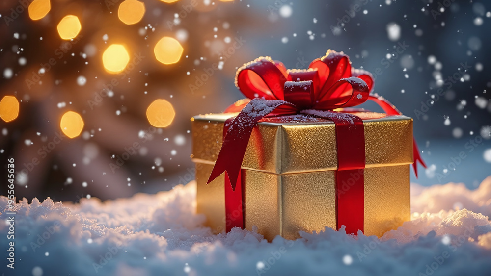 Festive Gift Box with Red Ribbon on Snowy Background Festive Gift Box with Red Ribbon on Snowy Background