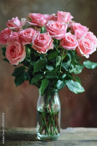 Lush bouquet of pink roses arranged beautifully in a glass vase, showcasing the vibrant blooms