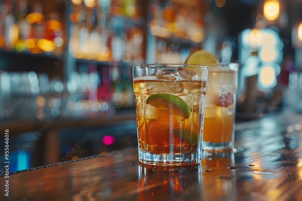 Refreshing Cocktails on a Bar Counter with a Vibrant Background Refreshing Cocktails on a Bar Counter with a Vibrant Background