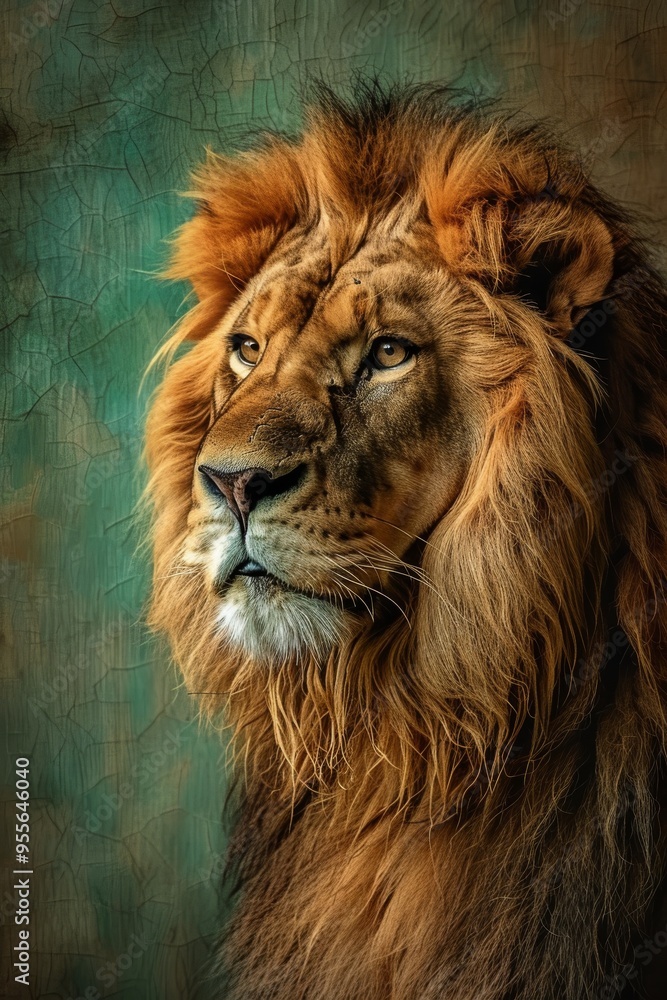 Naklejka premium A majestic lion with a flowing mane stands proudly against a textured gradient background blending
