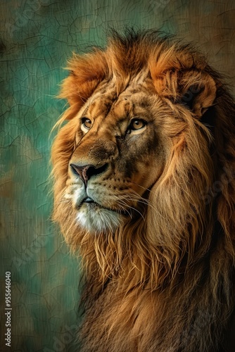 A majestic lion with a flowing mane stands proudly against a textured gradient background blending