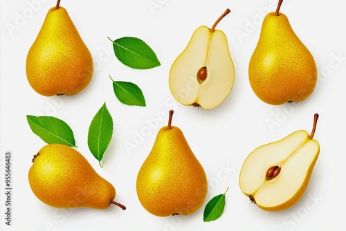 "Arrangement of fresh pears, both whole and halved, with scattered green leaves on a white background. The pears display a range of golden-yellow hues, 