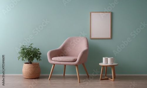 A modern living room with matching furniture theme set and decorative items 3d illustration. An empty wall and art frame mock-up template on the wall.